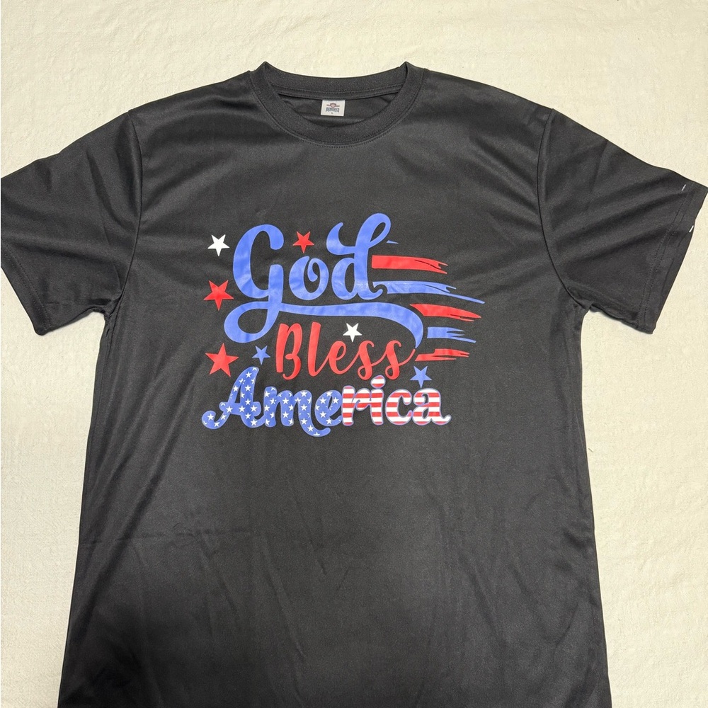 Men's Black Graphic Tee with Patriotic Design God Bless America- Size L